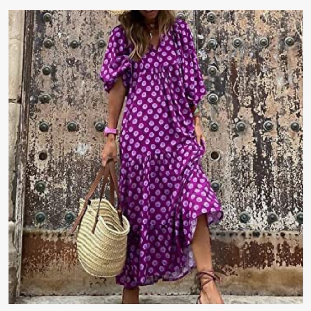Bohemian Purple/Pink Flower Maxi Dress- Lg